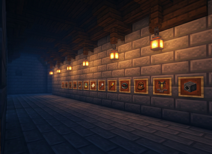 A vaulted Minecraft fortress hall lined with item frames displaying tools, lit by hanging lanterns.