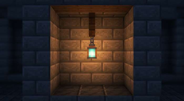 A single soul lantern hanging in a small stone-brick alcove inside a Minecraft fortress, glowing softly.