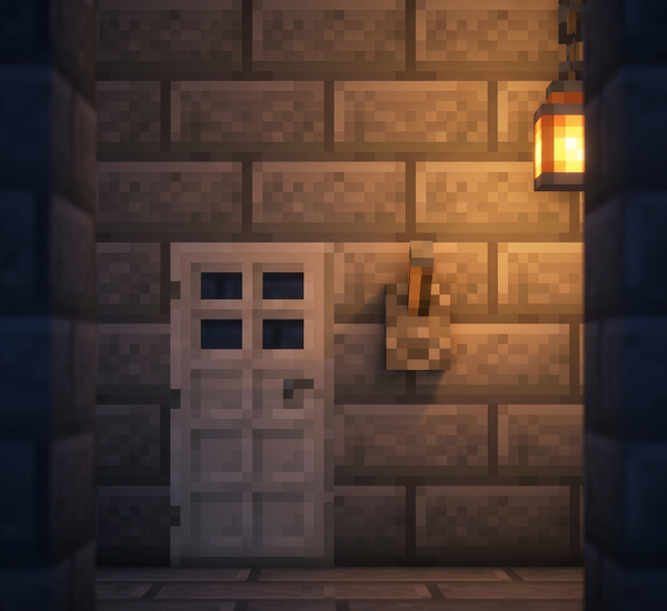 A closed iron door beside a single lever on a stone-brick wall, lit by warm lantern light.
